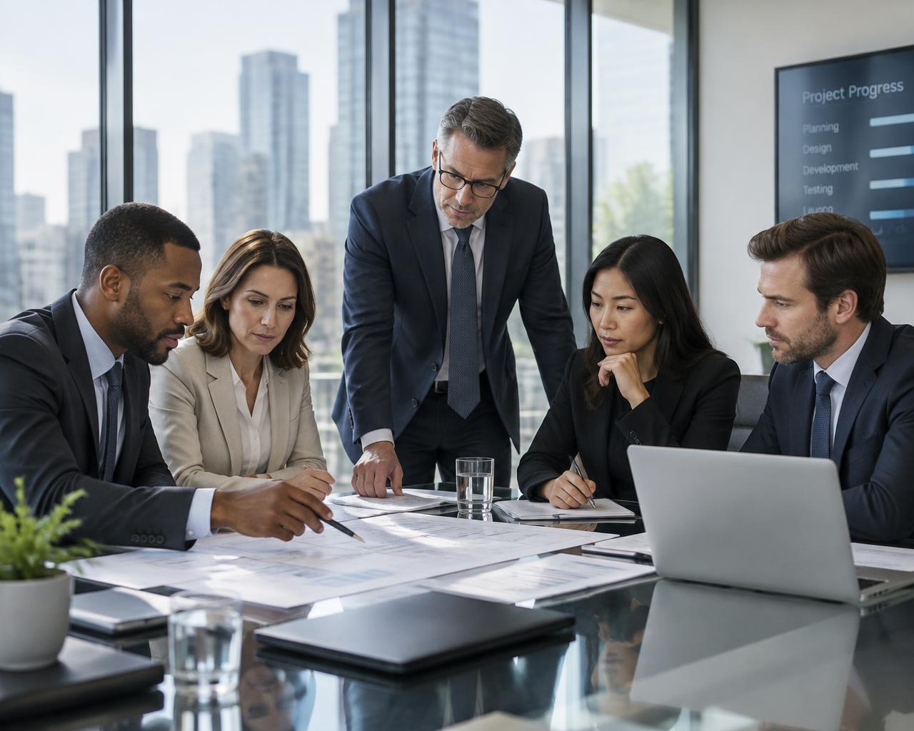 Project partners reviewing plans in a boardroom